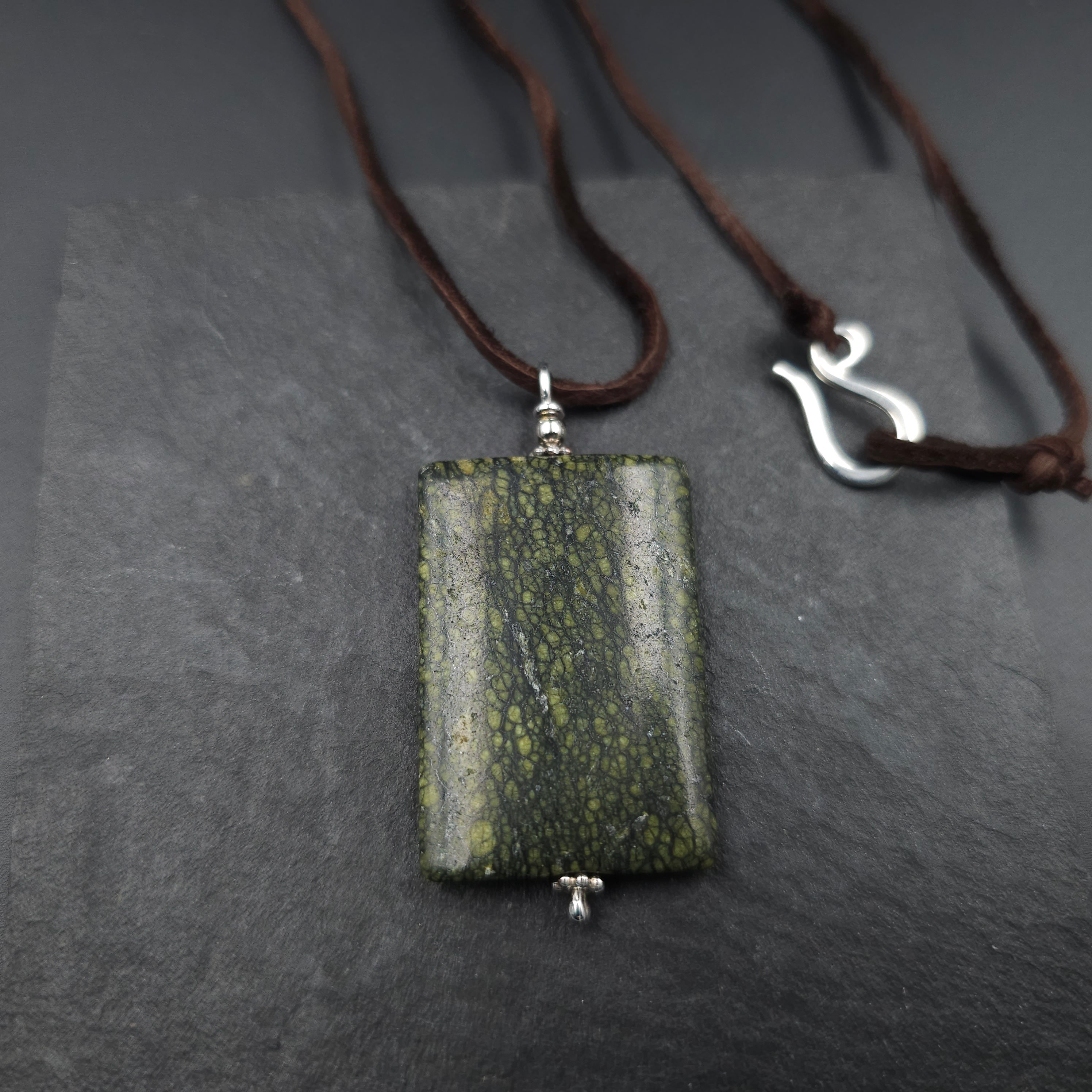 Serpentine rectangular necklace on suede cord necklace