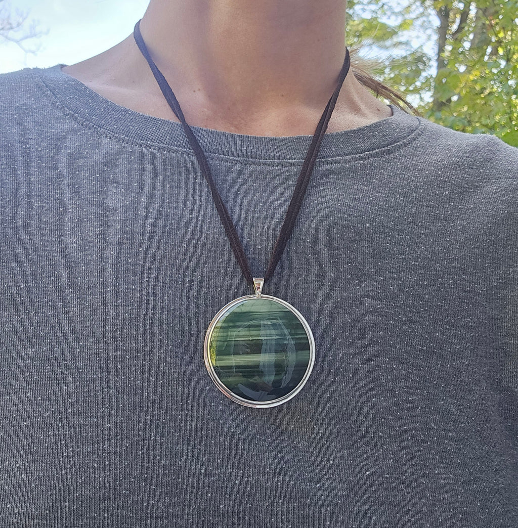 Green striped jasper bezel set sterling silver necklace