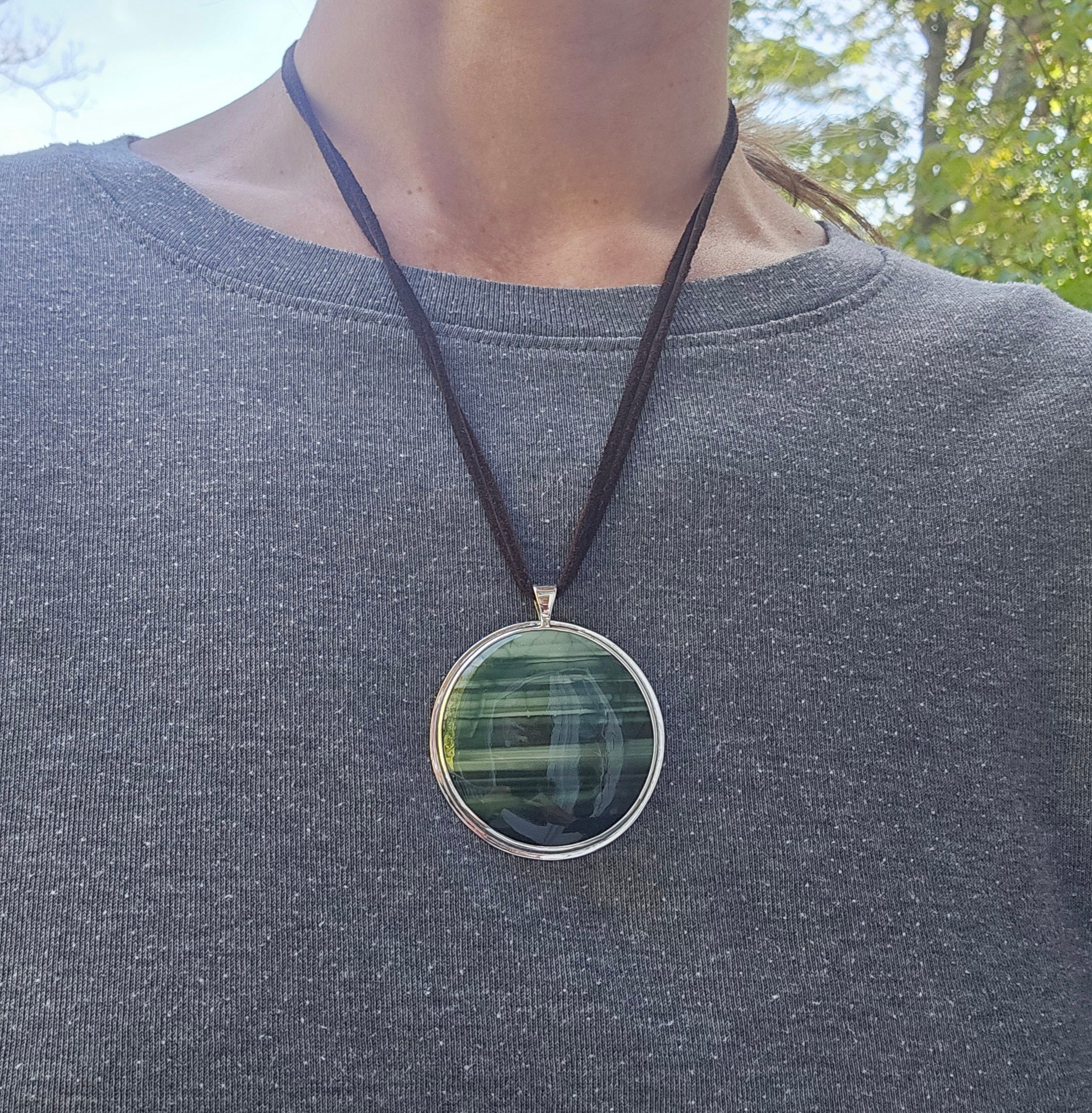 Green striped jasper bezel set sterling silver necklace