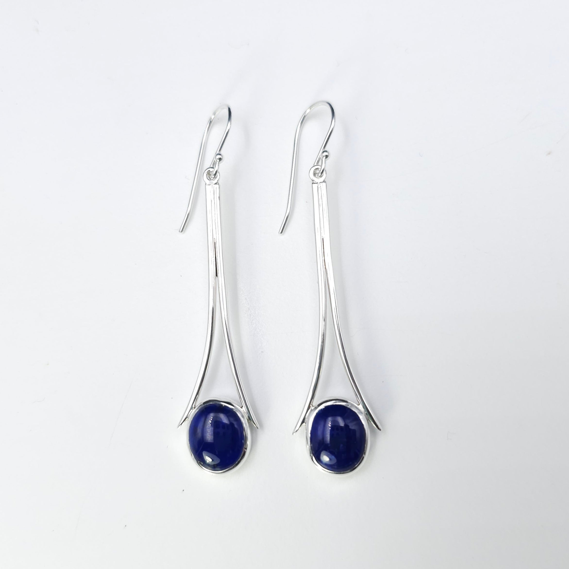 Long sterling silver earrings with bezel set Lapis lazuli