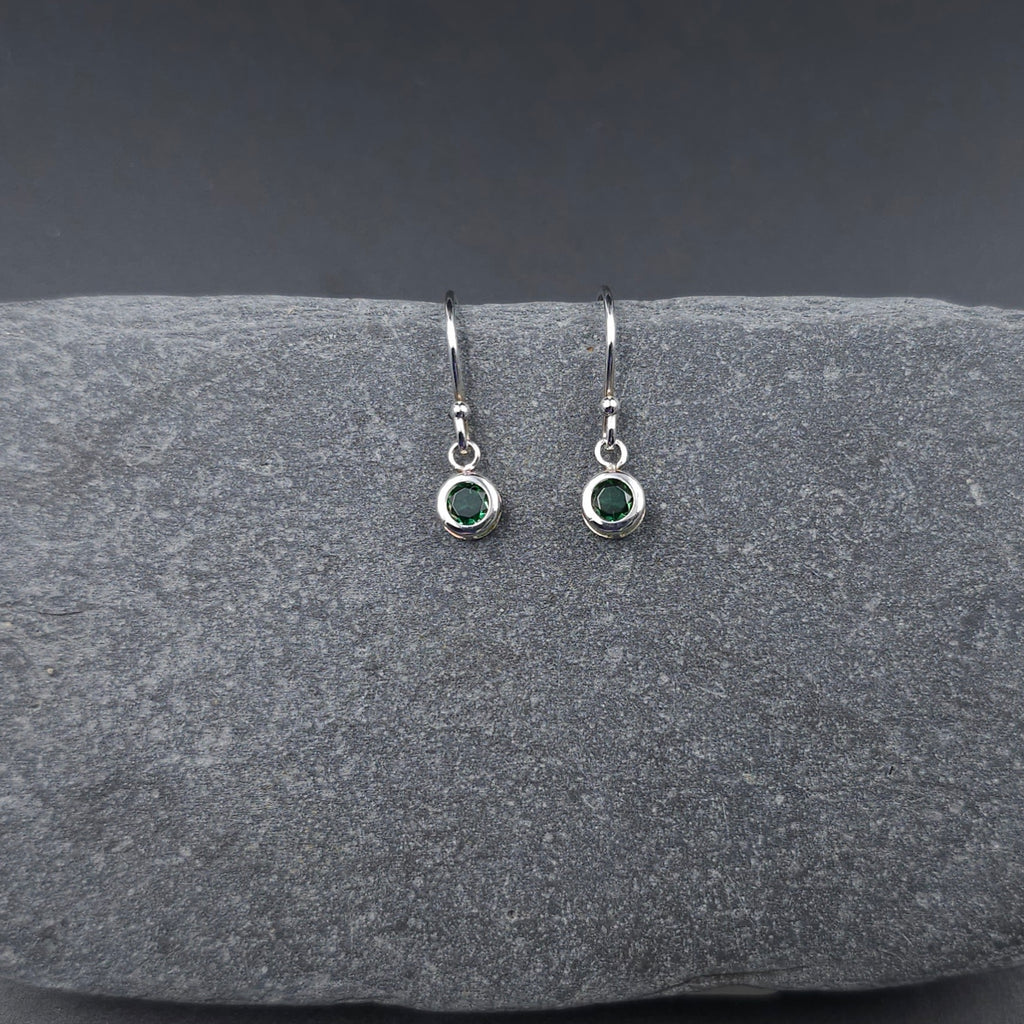 small round faceted green stones bezel set dangle earrings with french earrings wires