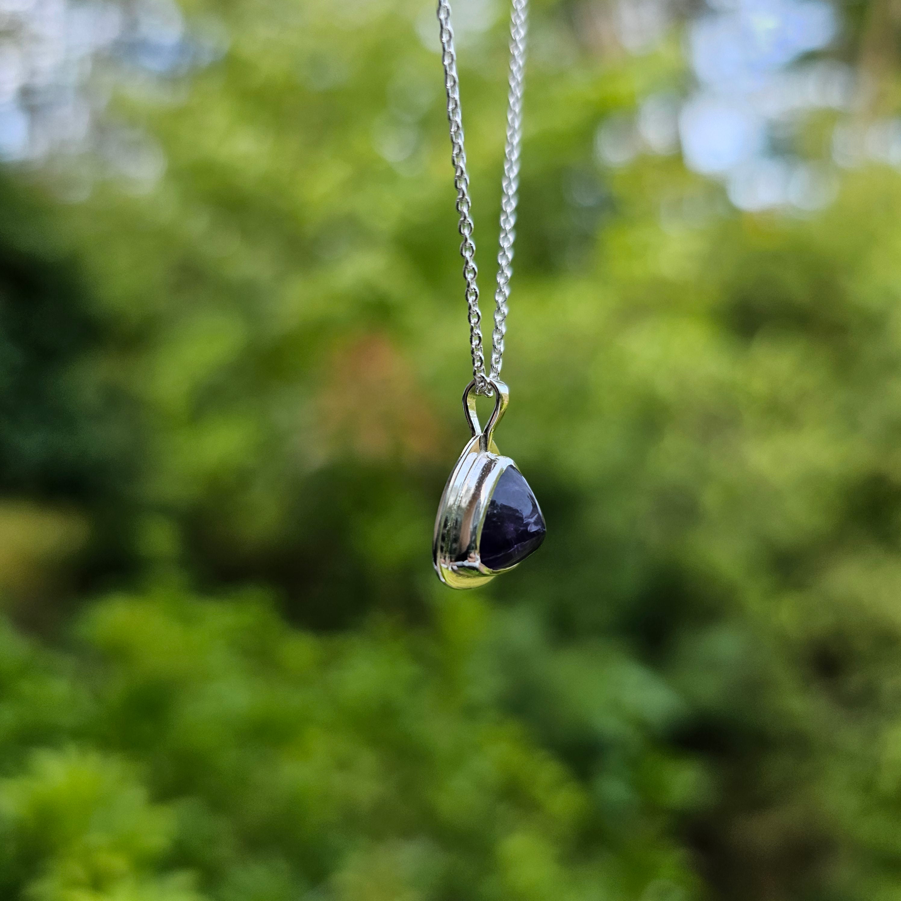 Amethyst and sterling silver triangle bezel set necklace