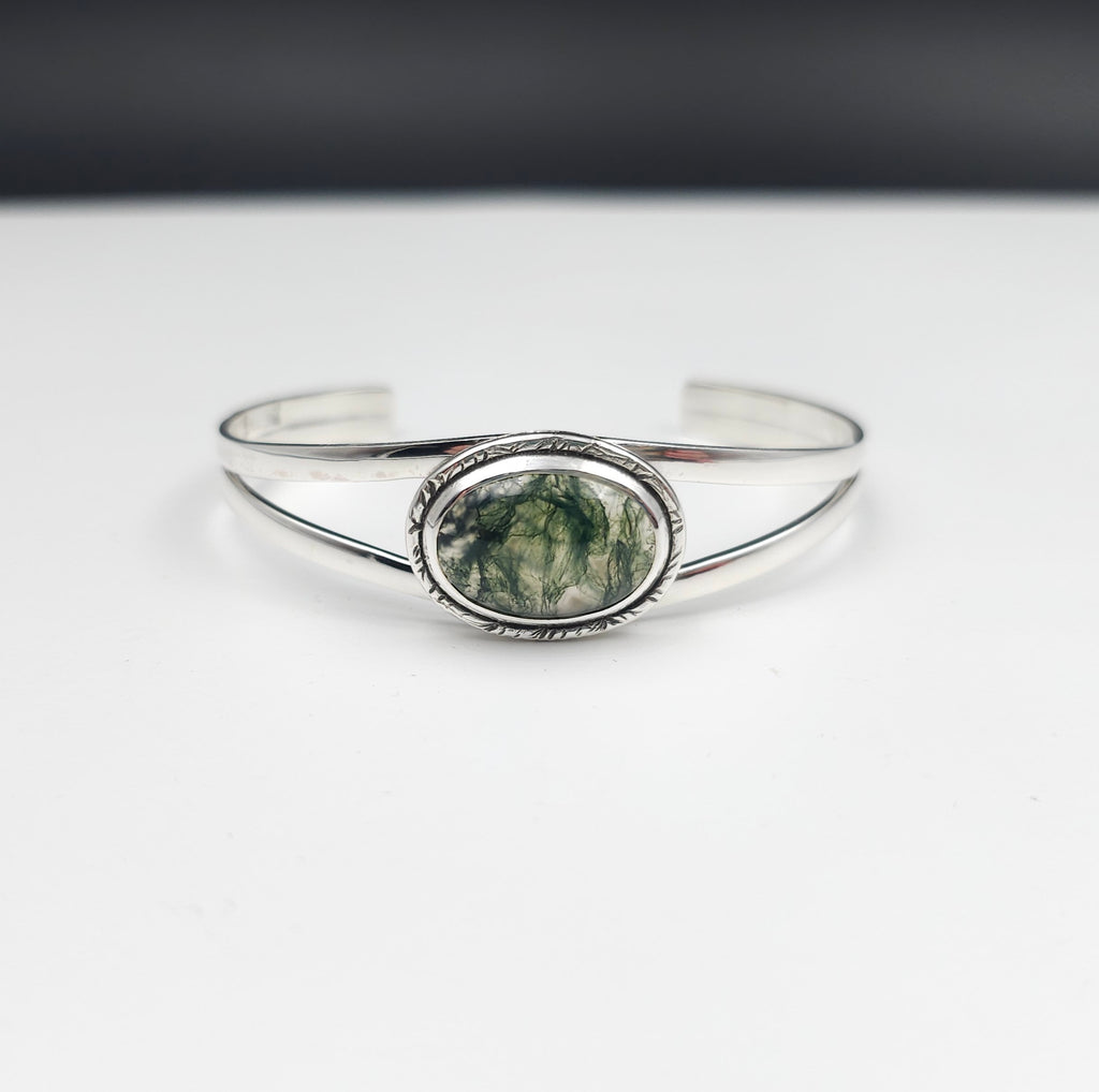 Moss agate bezel set open cuff sterling silver bracelet