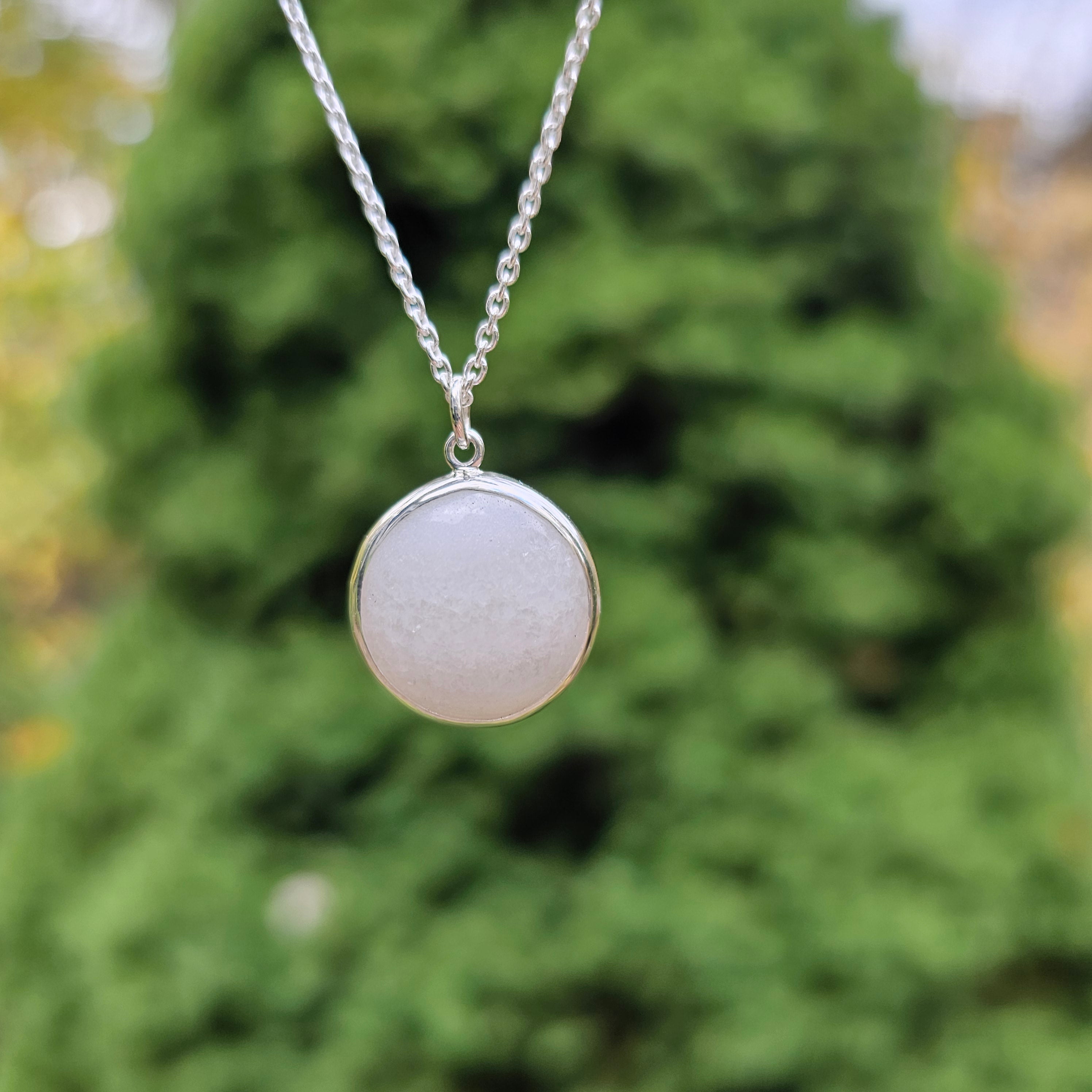 Round white quartz silver bezel set necklace