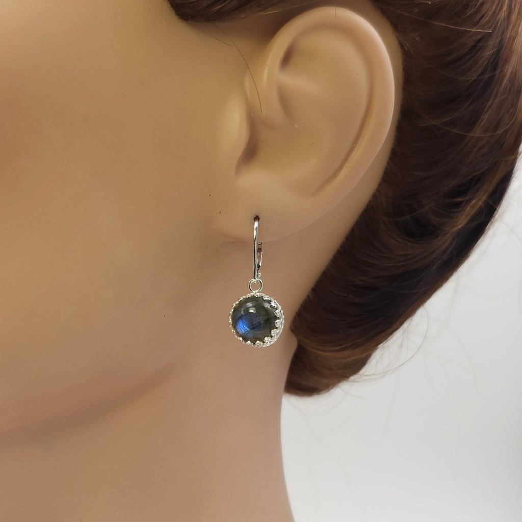 Round Labradorite crown bezel set sterling silver dangle earrings
