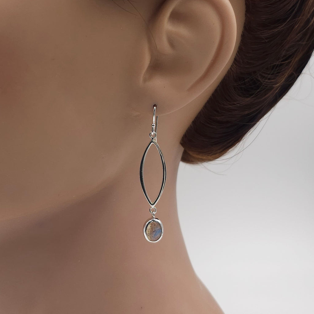 Sterling silver marquis shaped earrings with bezel set oval labradorite dangles