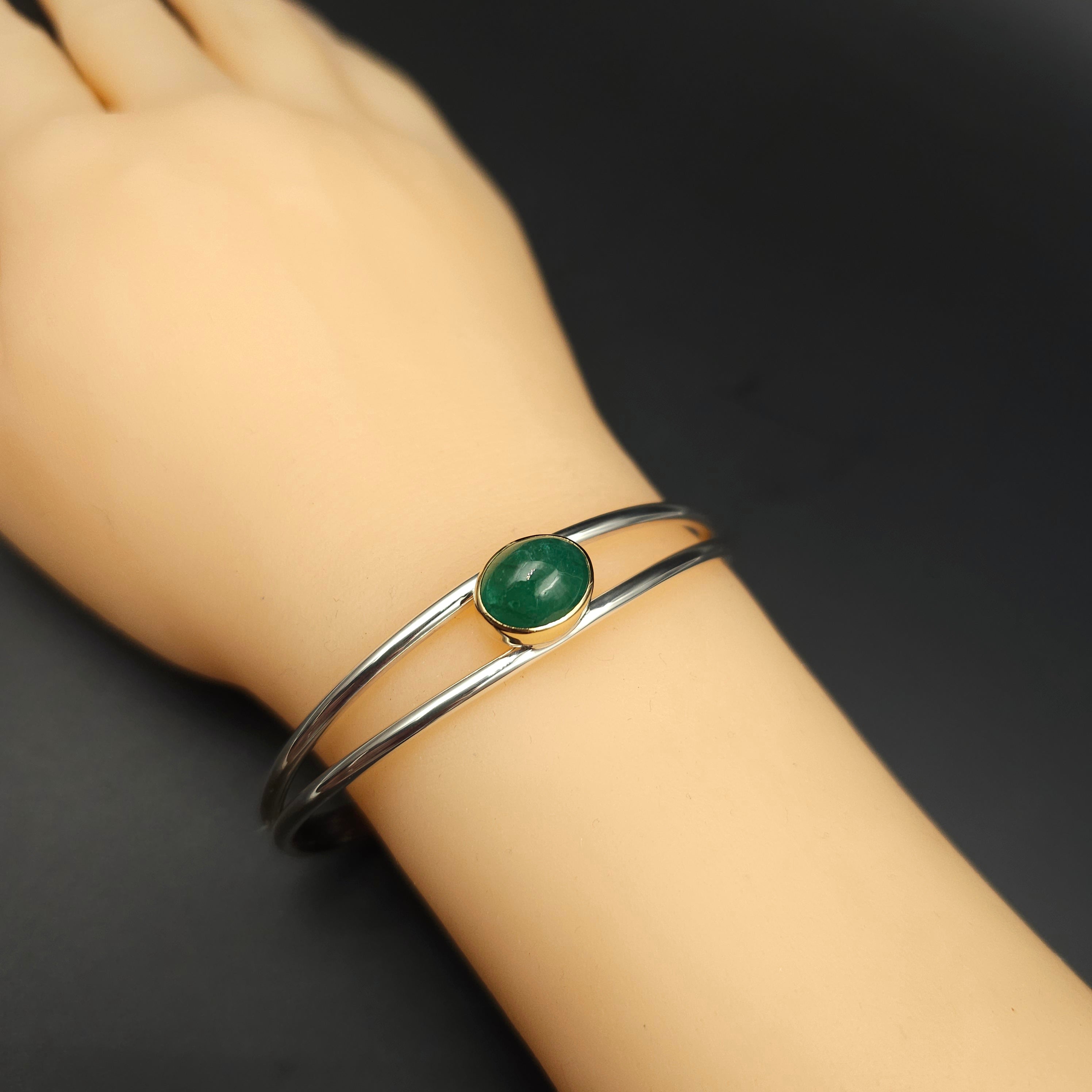 Sterling silver emerald cuff bracelet with 18k gold bezel