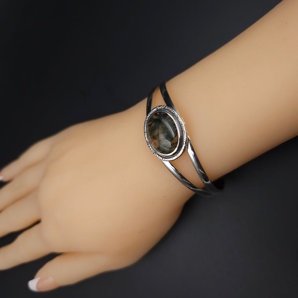 Moss agate bezel set open cuff sterling silver bracelet