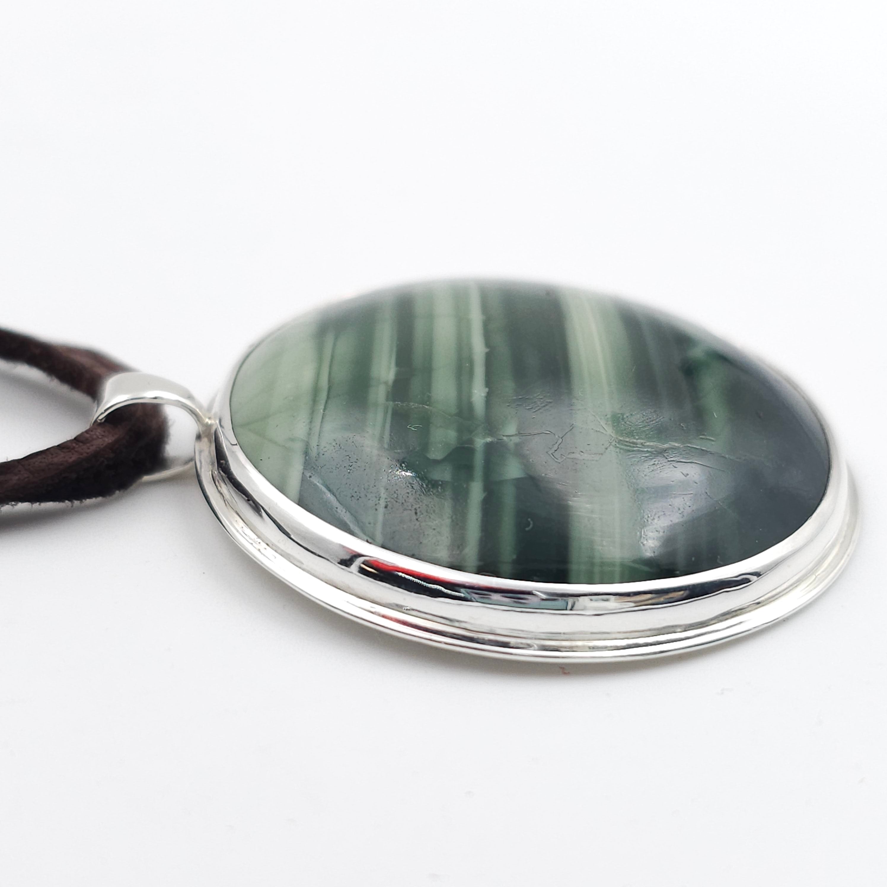 Green striped jasper bezel set sterling silver necklace