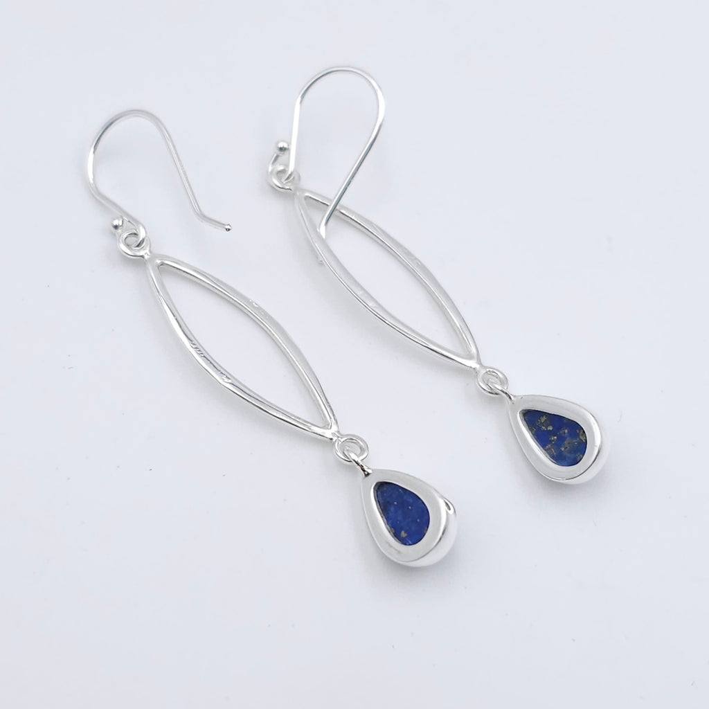 Sterling silver marquis shaped earrings with teardrop lapis dangles