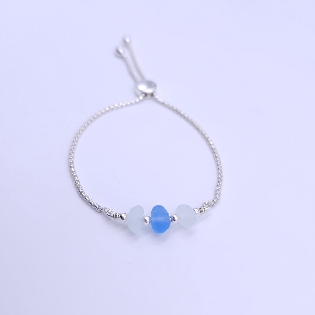 Light blue and white sea glass adjustable slider bracelet