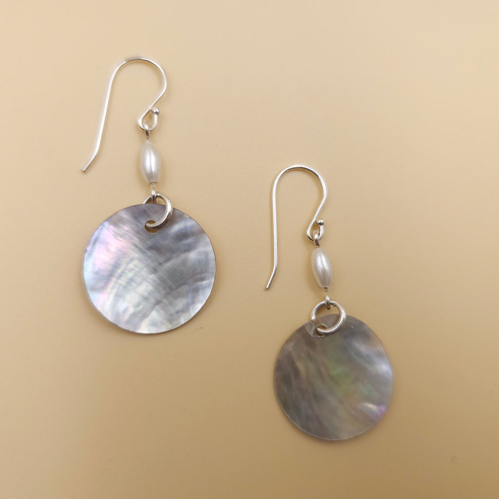 Sterling silver earrings with round shell and faux pearl beads