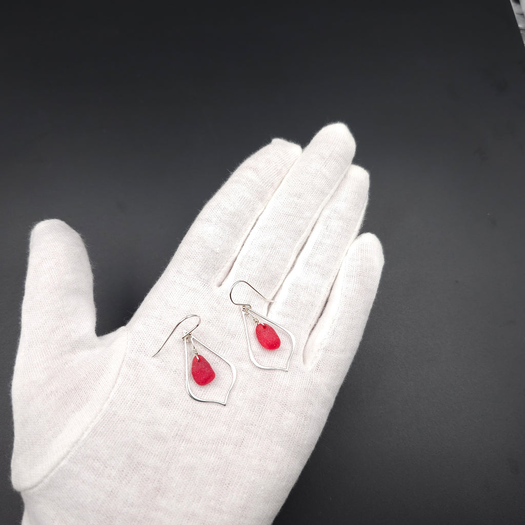 Pointed teardrop sterling silver earrings with red sea glass