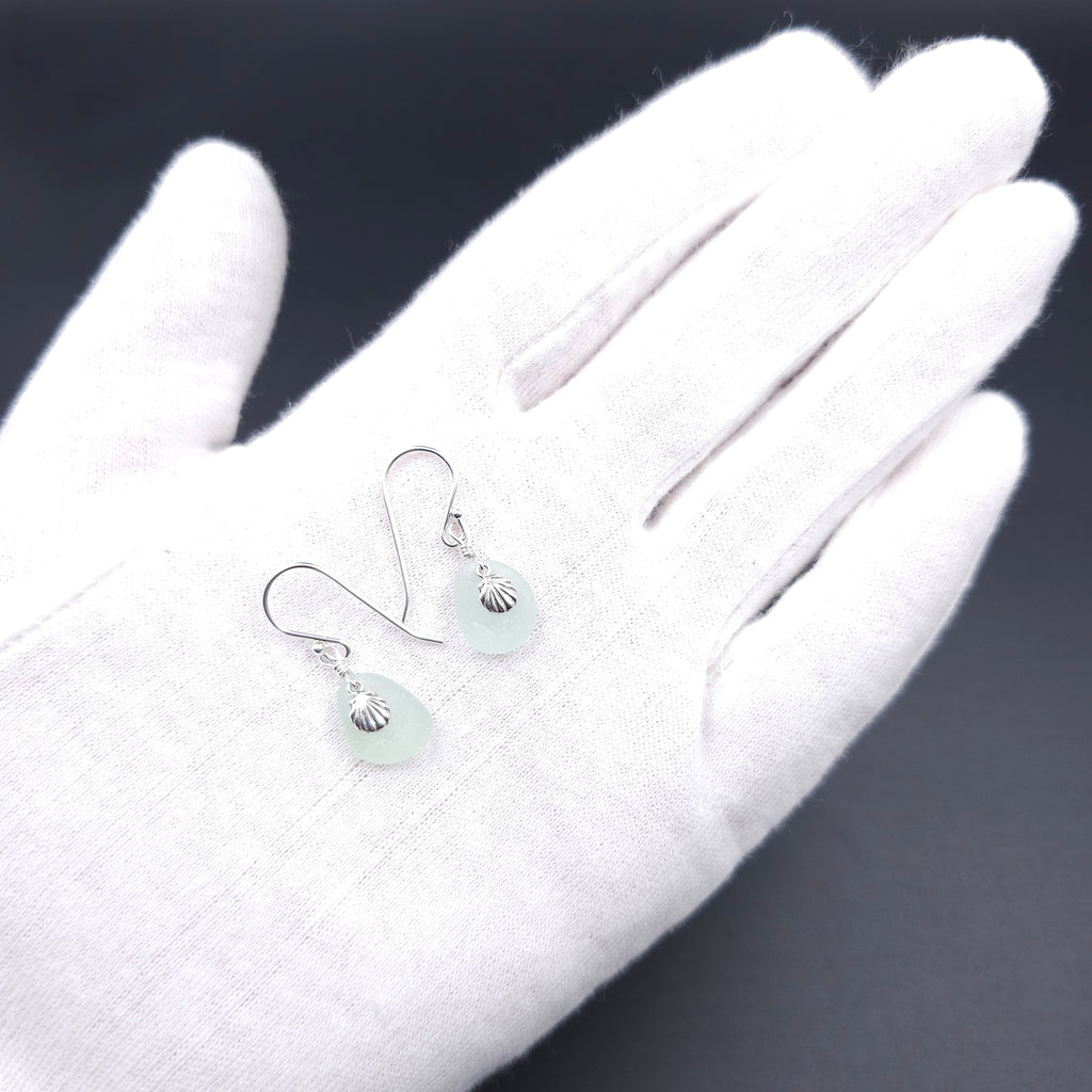 Sea foam sea glass earrings with timy scallops shell accents in sterling silver