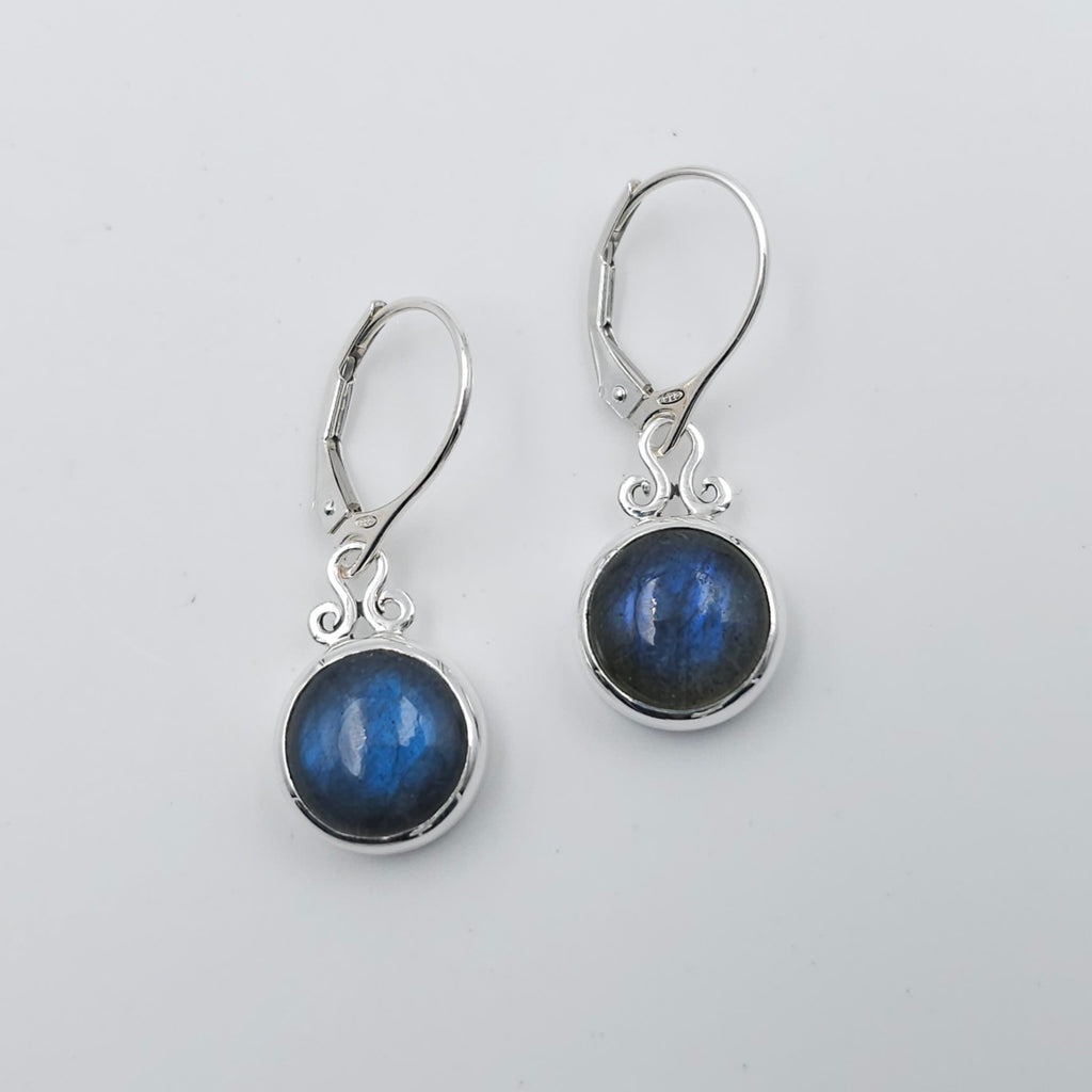 Round blue Labradorite bezel set dangle earrings