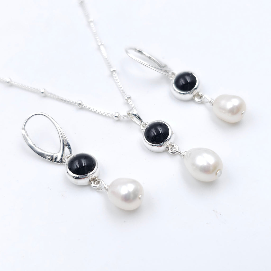 Black onyx and fresh water pearl sterling silver necklace