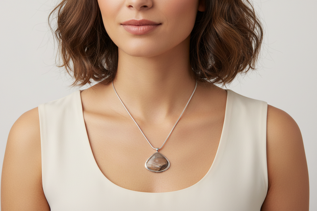 Picture Jasper bezel set sterling silver necklace