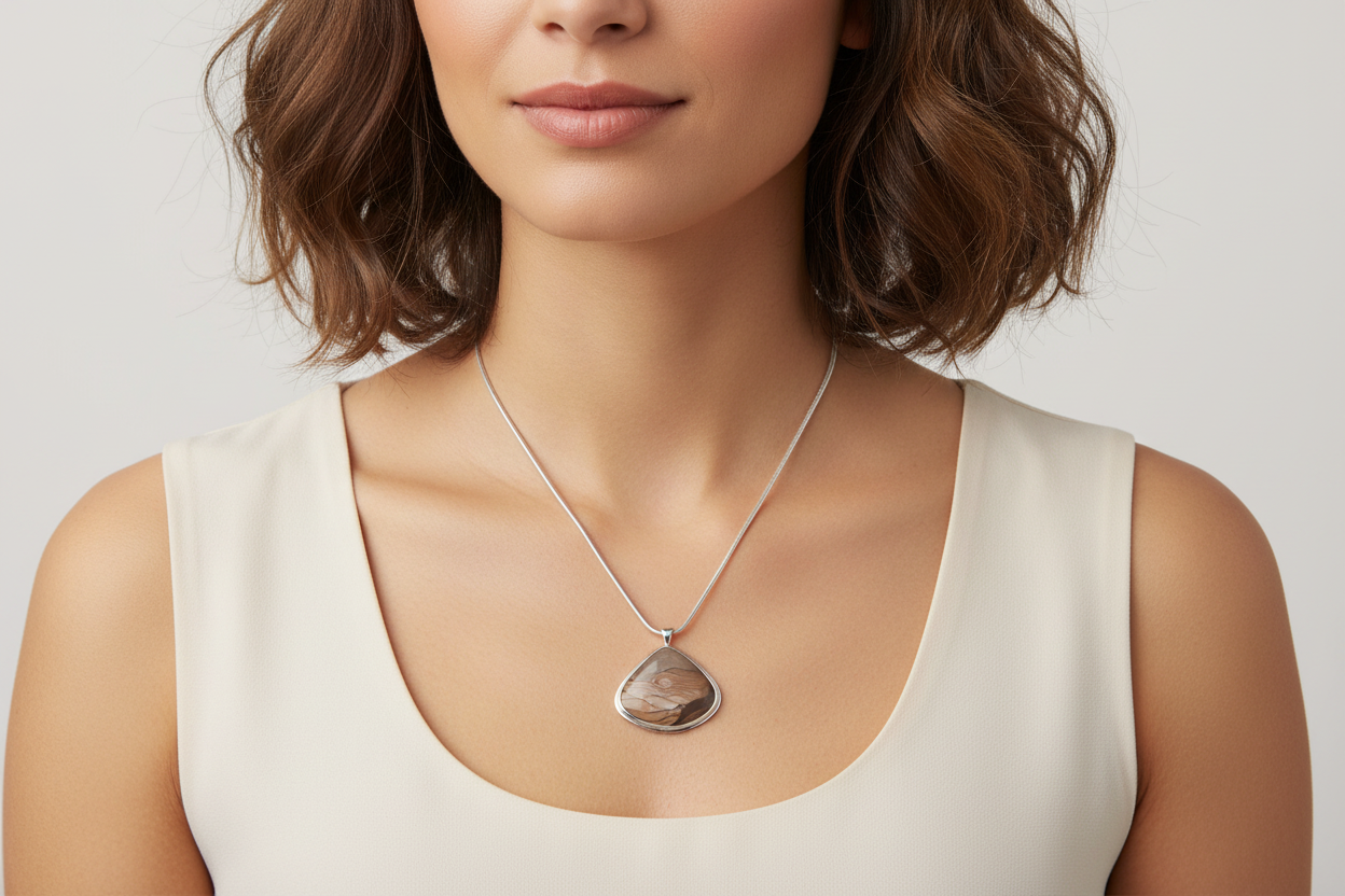Picture Jasper bezel set sterling silver necklace