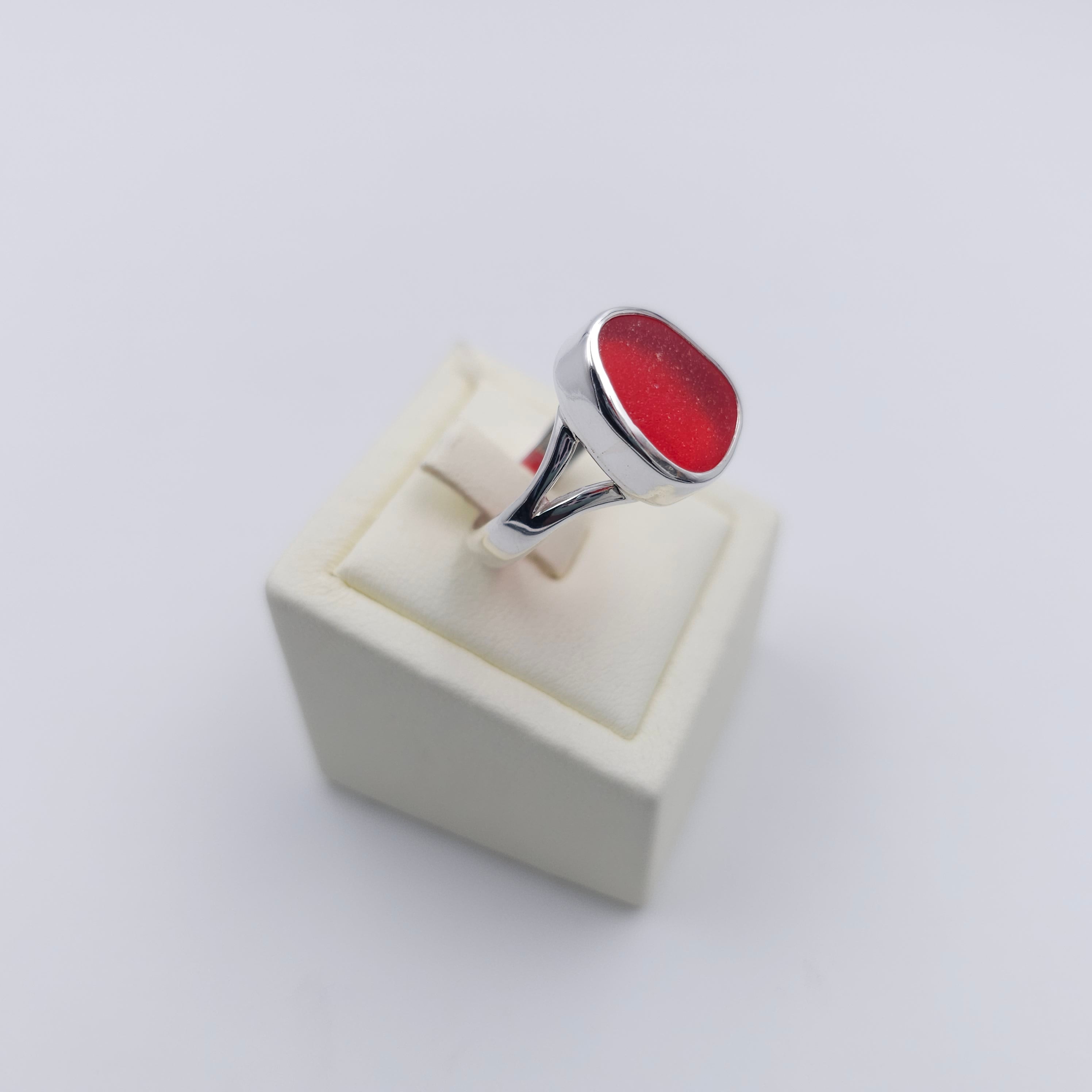 Genuine red sea glass sterling silver ring