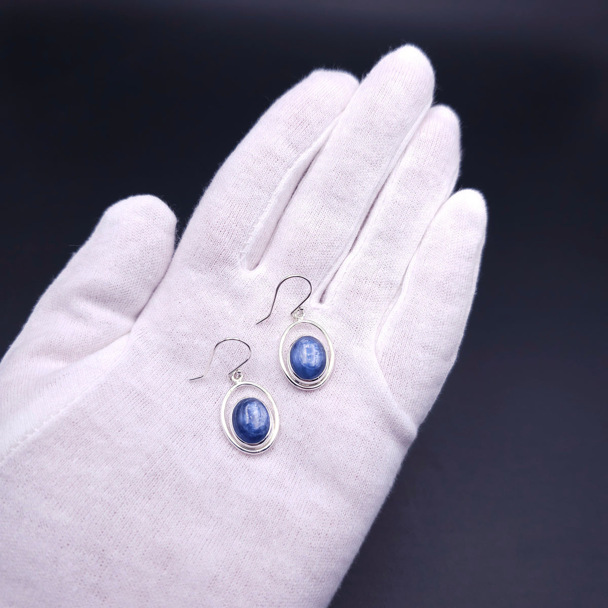 Blue kyanite sterling silver bezel set earrings