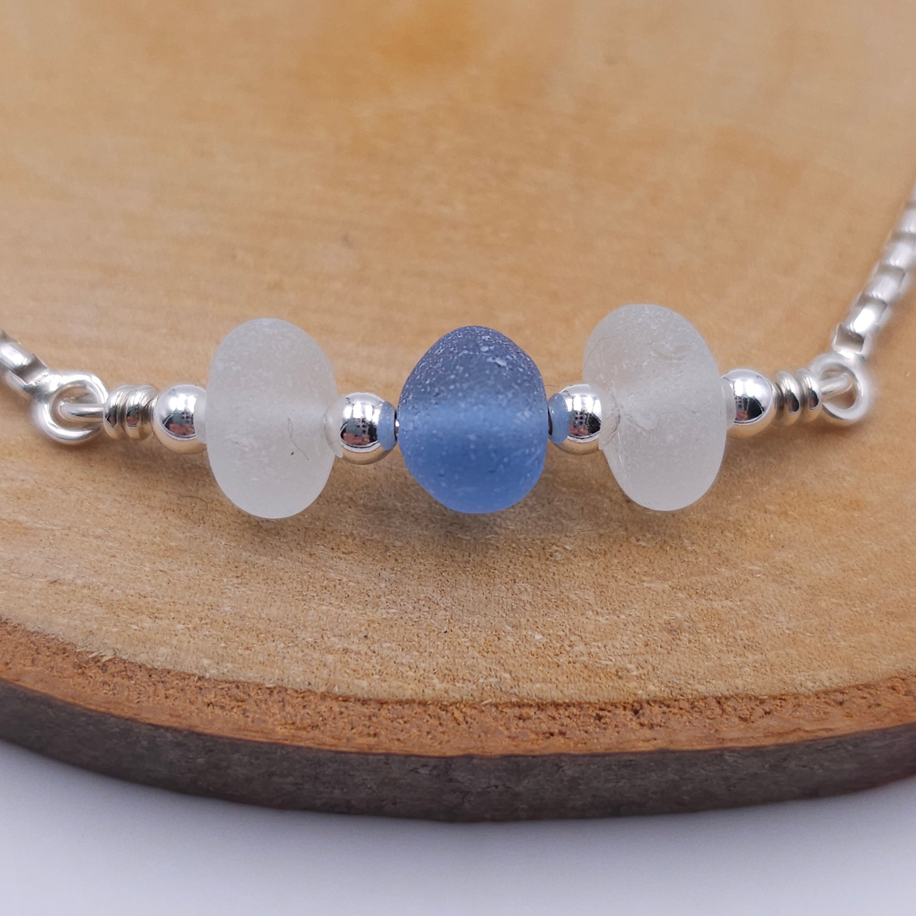Light blue and white sea glass adjustable slider bracelet