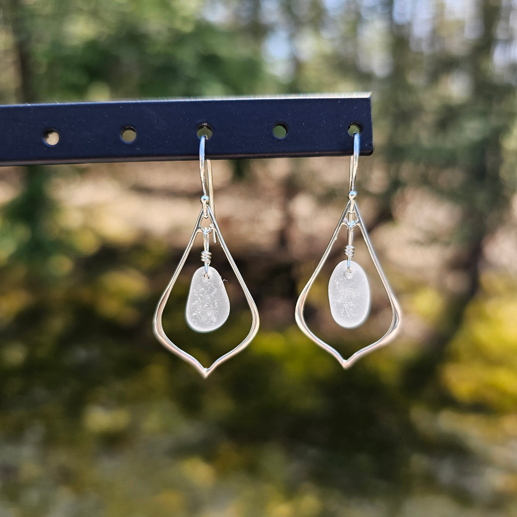 Medium pointed teardrop earrings with white sea glass