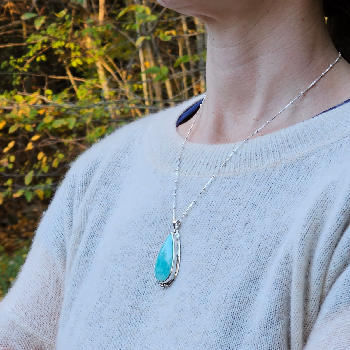Sterling silver Amazonite teardrop bezel set necklace