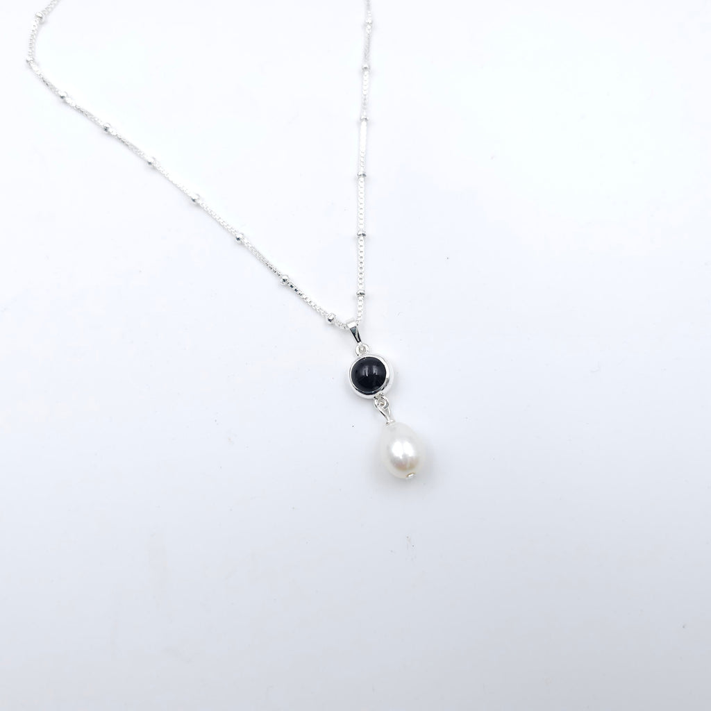 Black onyx and fresh water pearl sterling silver necklace