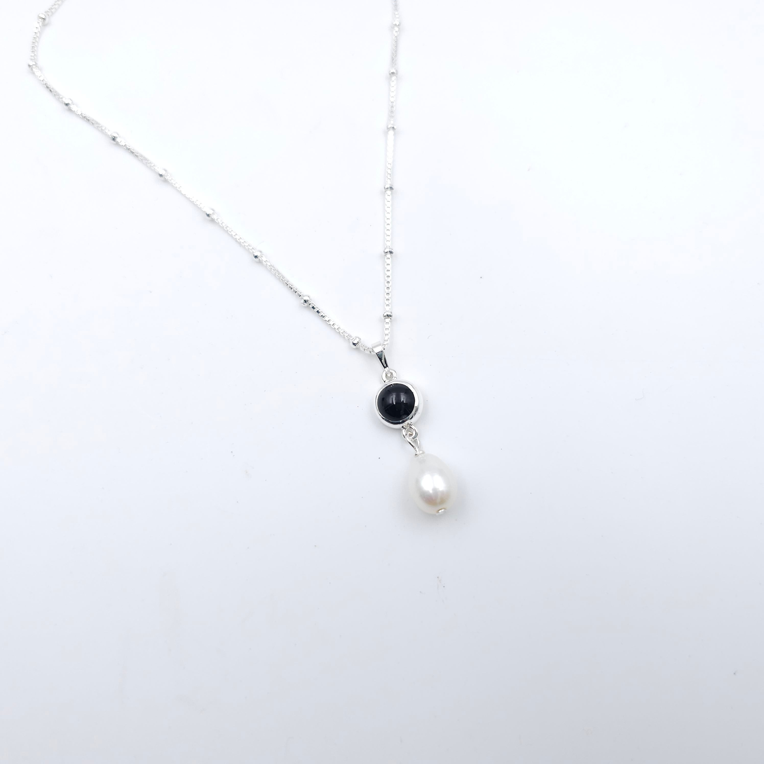 Black onyx and fresh water pearl sterling silver necklace