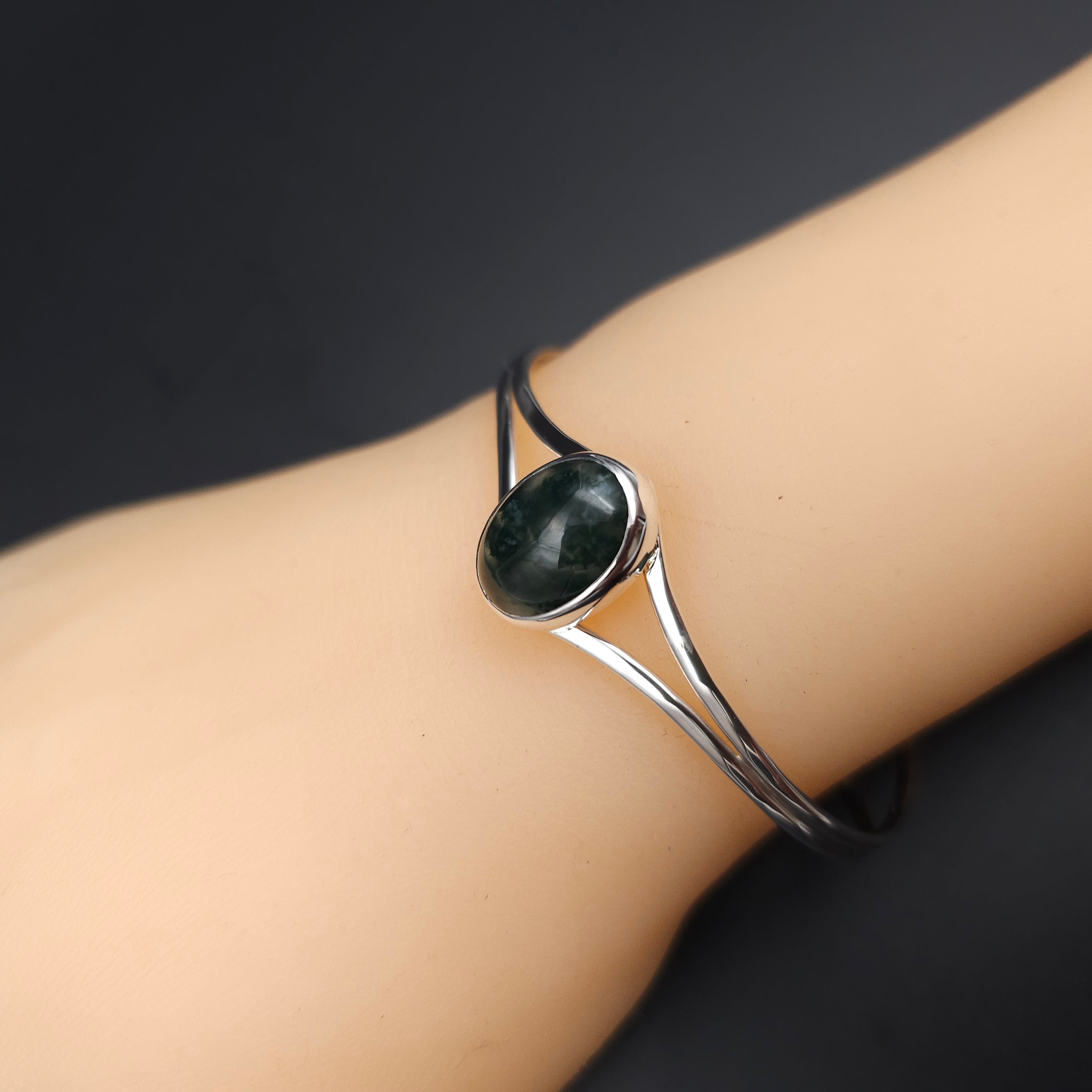 Oval moss agate bezel set wire cuff sterling silver bracelet
