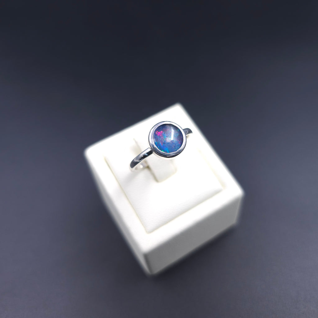 Round bezel set opal triplet silver ring