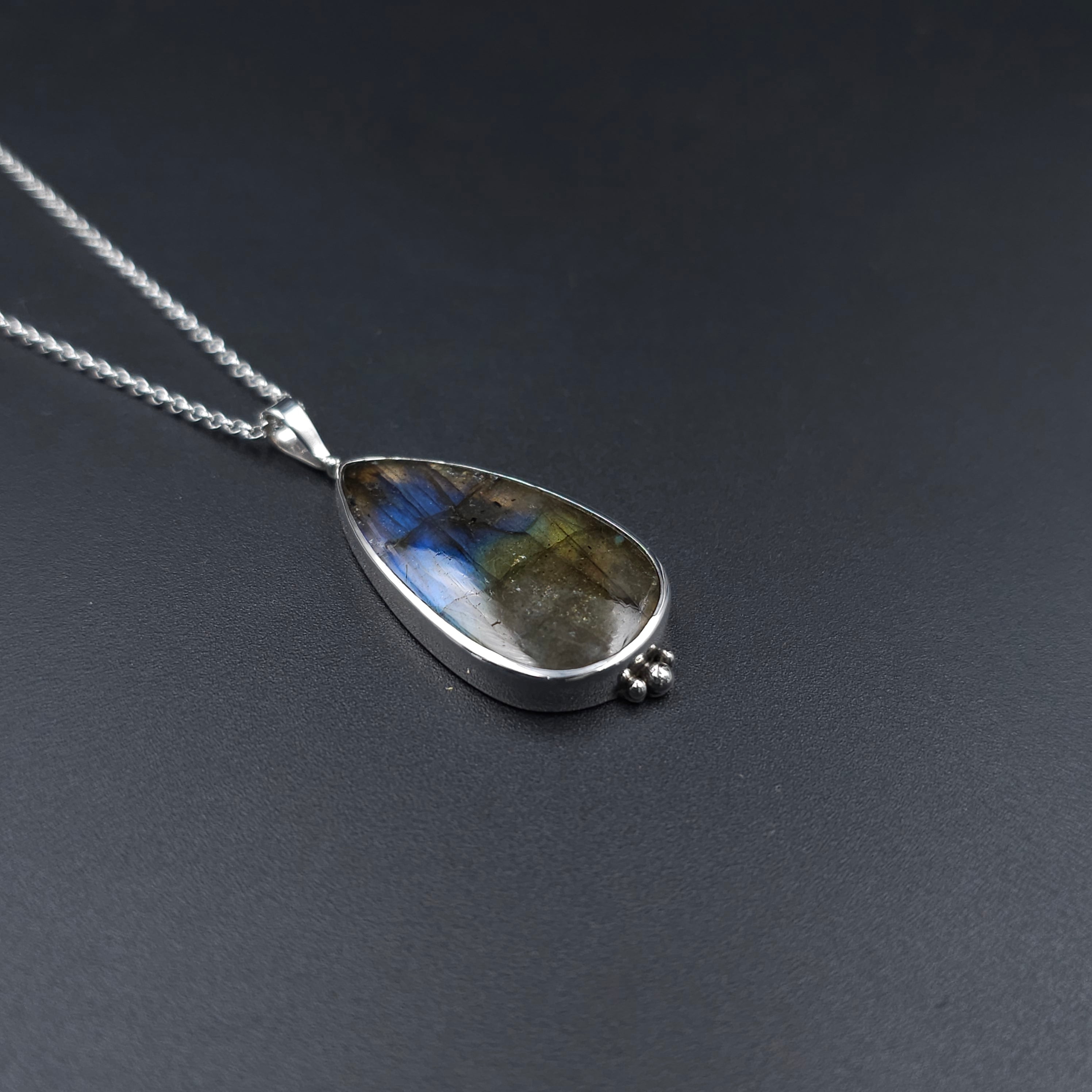 Teardrop sterling silver bezel set Labradorite necklace
