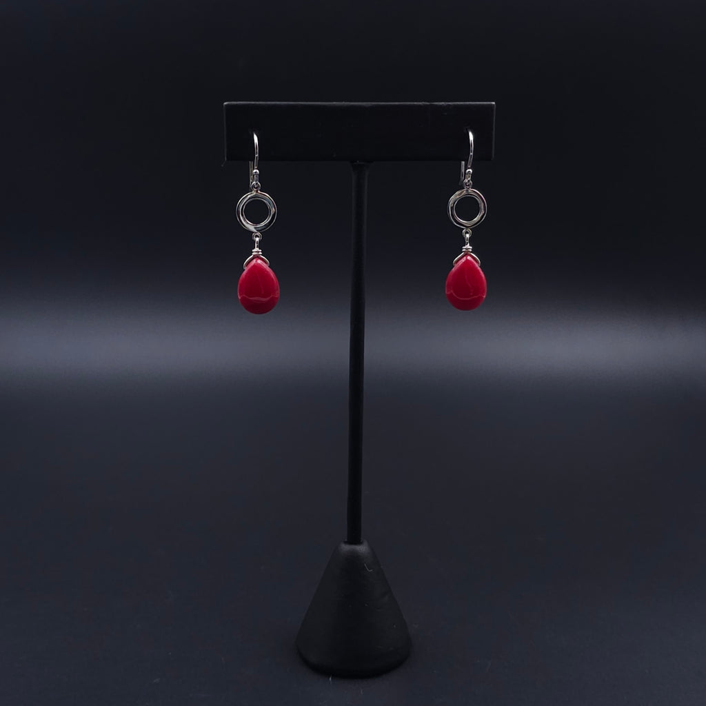 Red teardrop with sterling circle earrings