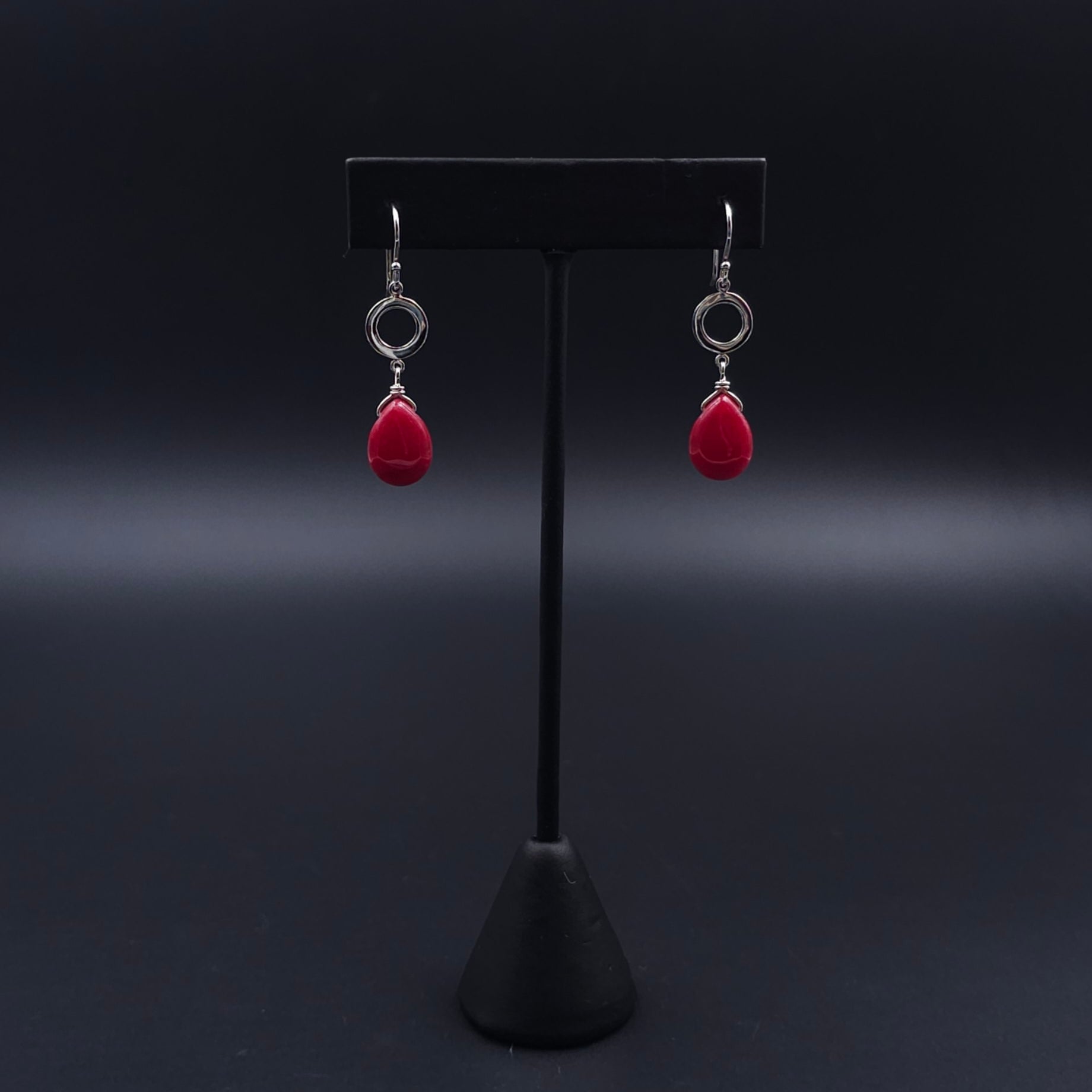 Red teardrop with sterling circle earrings