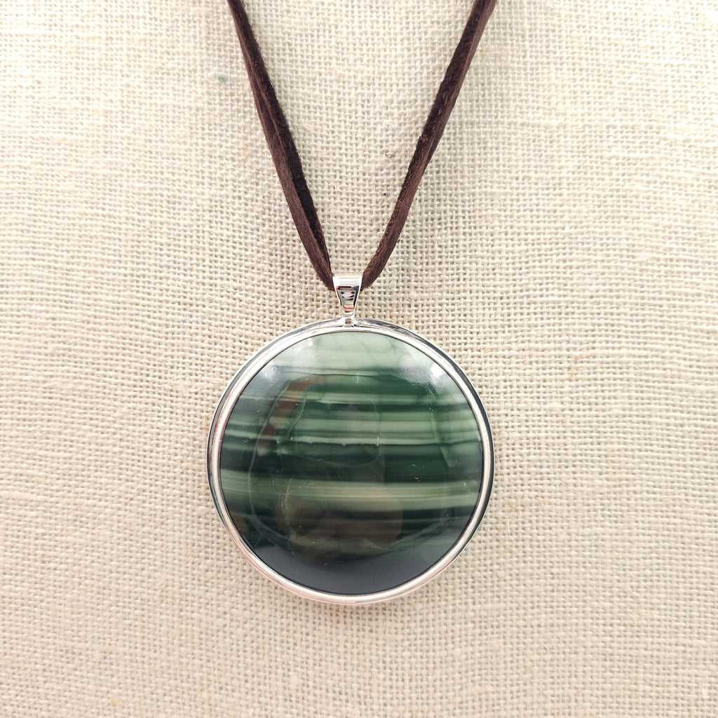 Green striped jasper bezel set sterling silver necklace