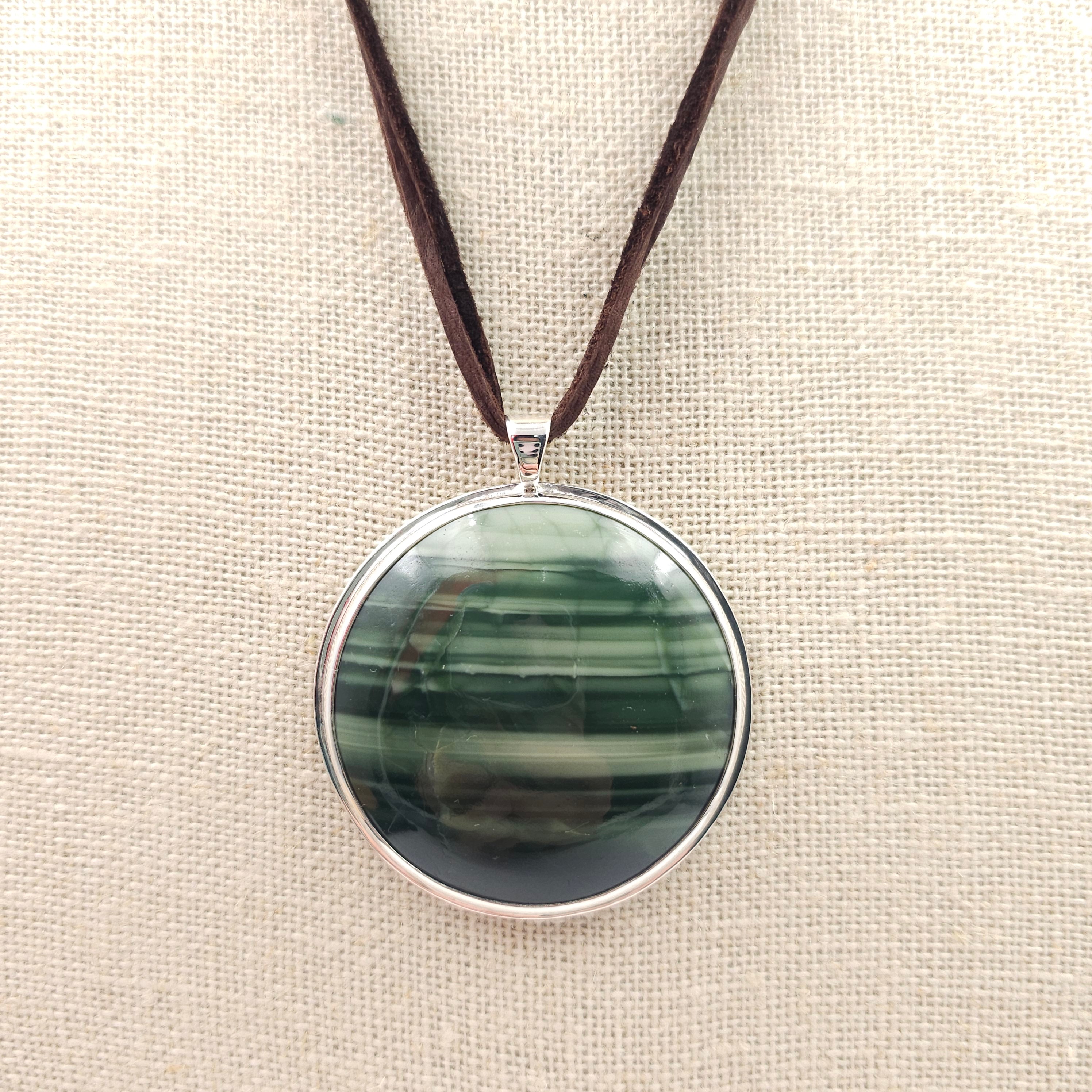 Green striped jasper bezel set sterling silver necklace