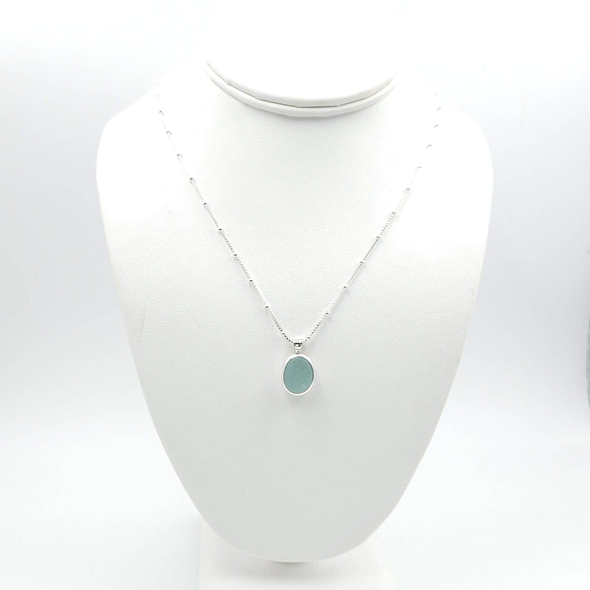 Genuine aqua sea glass sterling silver bezel set necklace