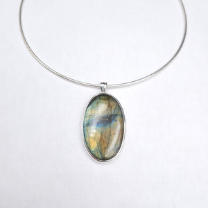 Large oval labradorite necklace bezel set in silver on round chain