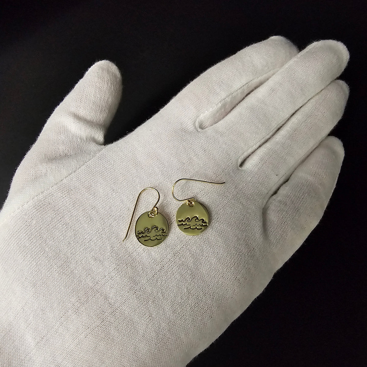 Wave design brass dangle earrings with gold-filled earring wires