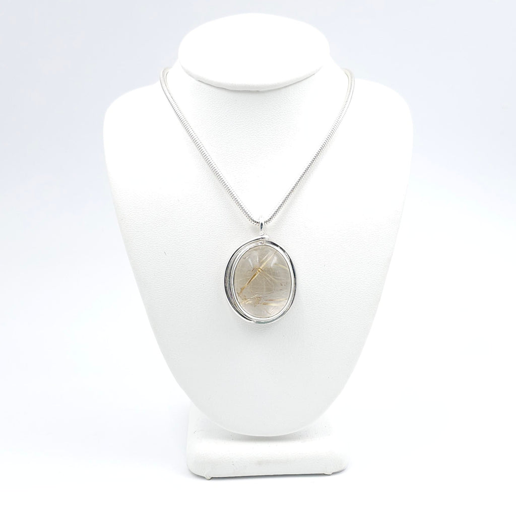 Rutilated quartz bezel set sterling silver necklace