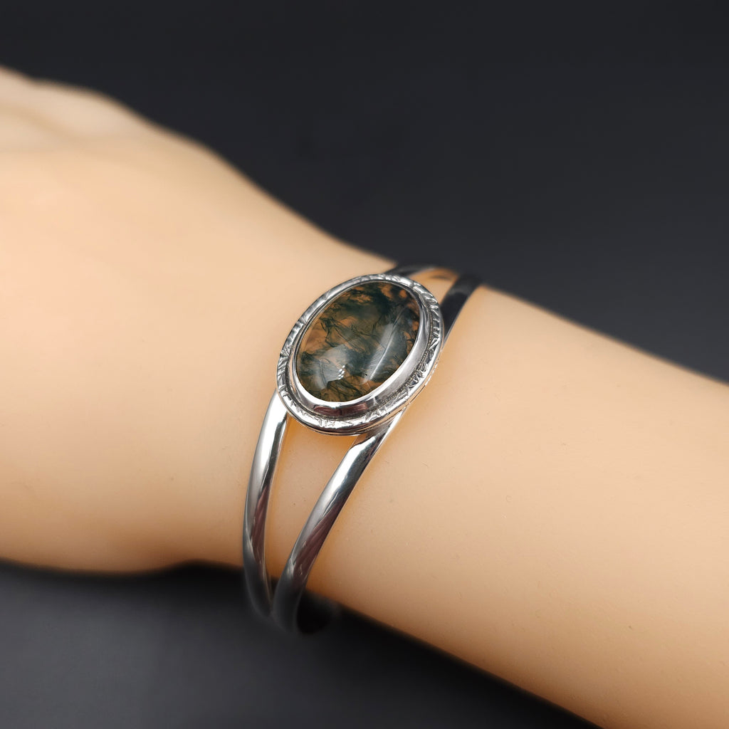 Moss agate bezel set open cuff sterling silver bracelet