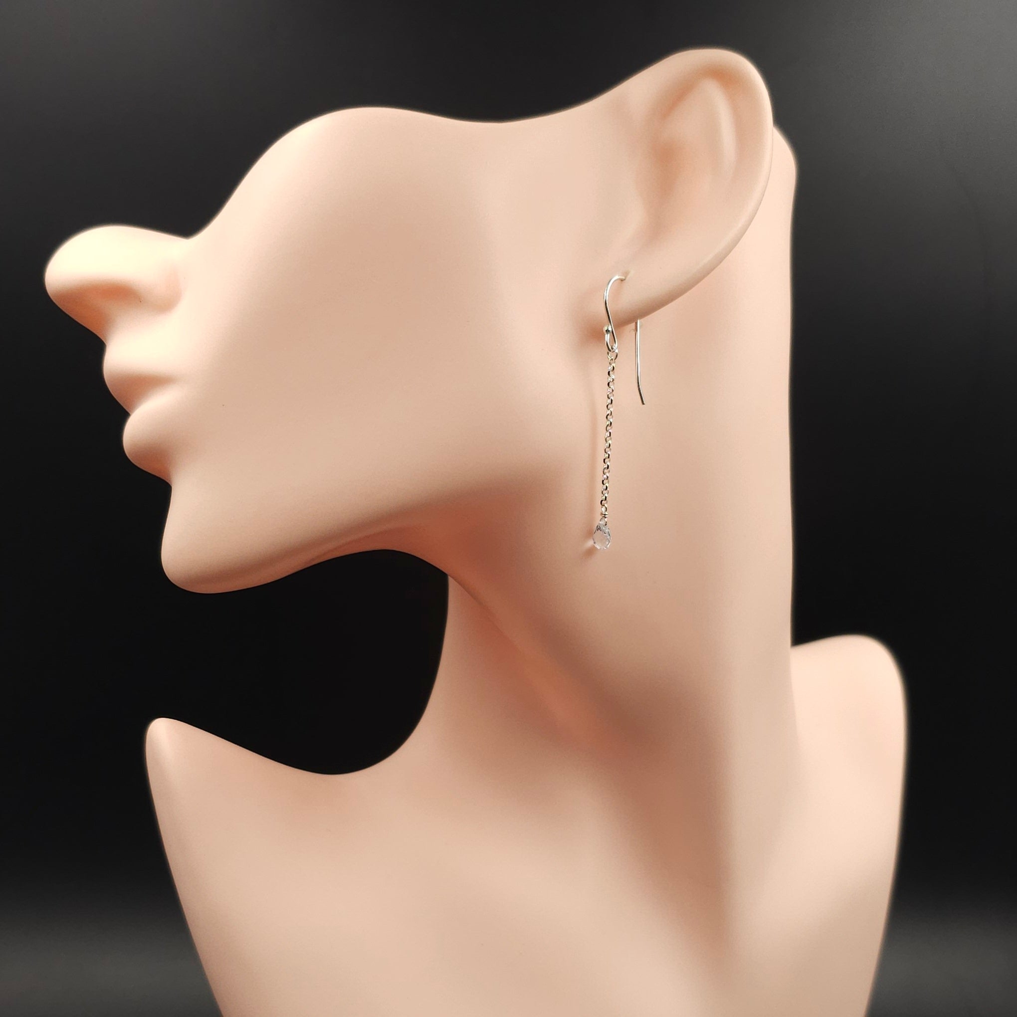 White sapphire briolette sterling silver long dangle earrings