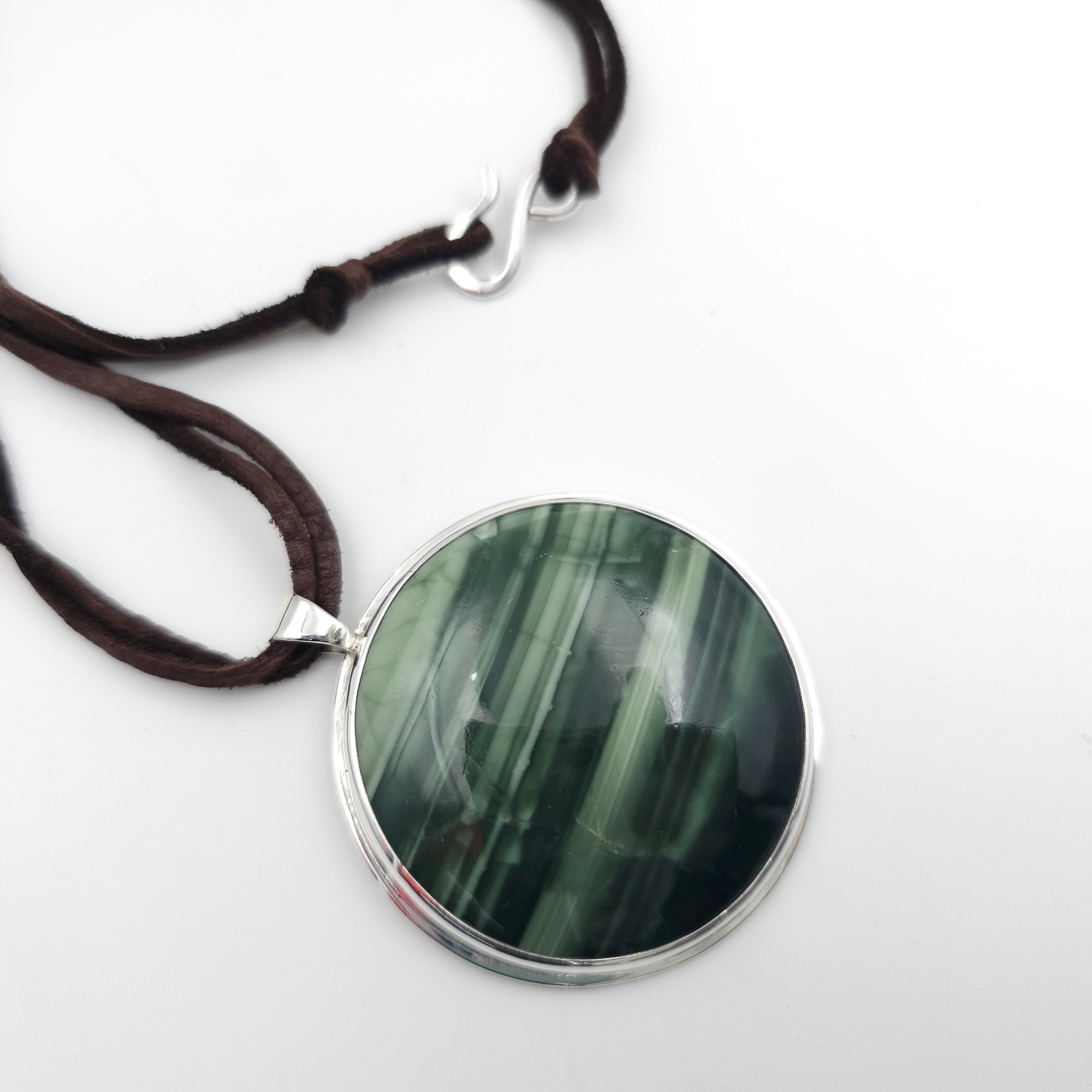 Green striped jasper bezel set sterling silver necklace
