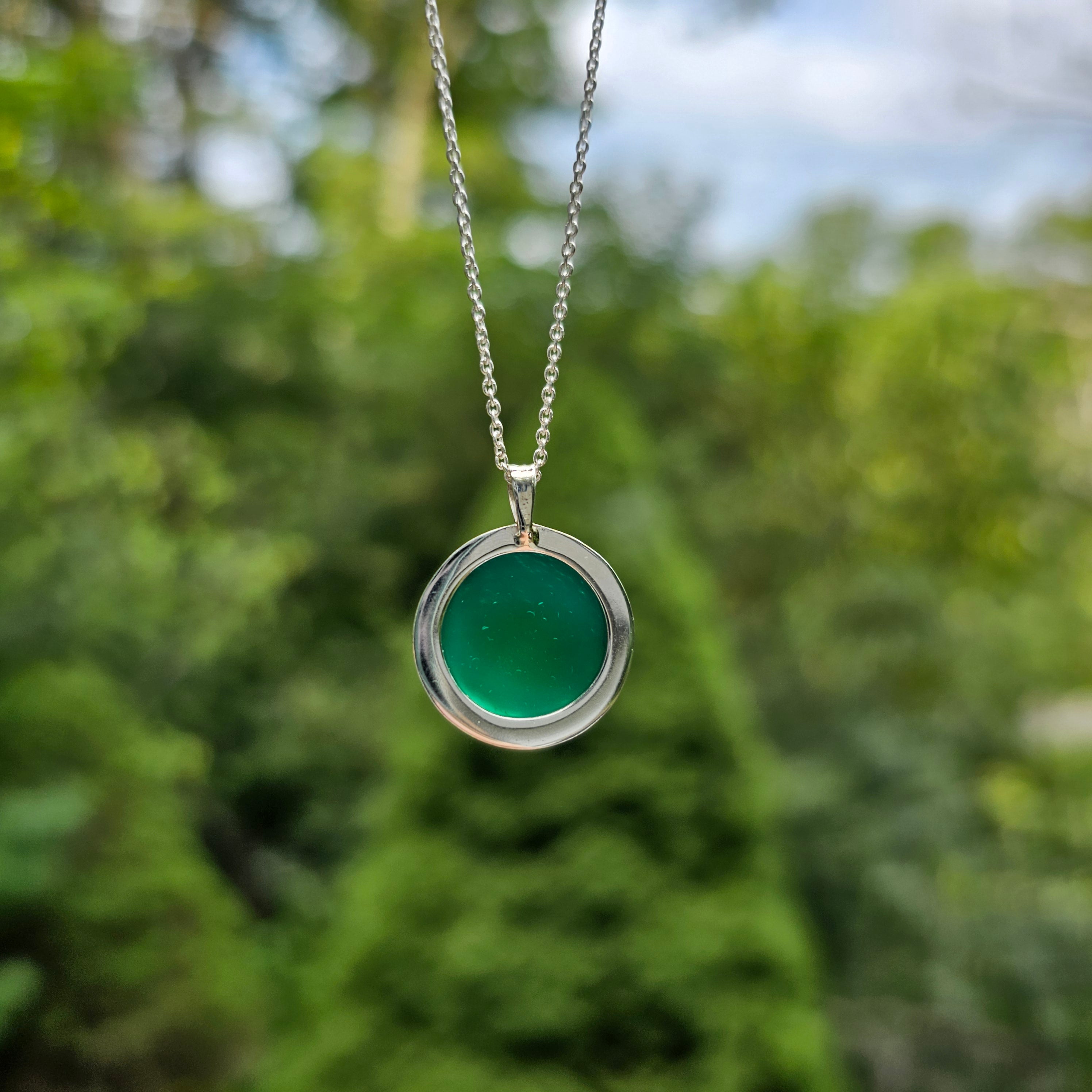 Green Onyx bezel set sterling silver necklace