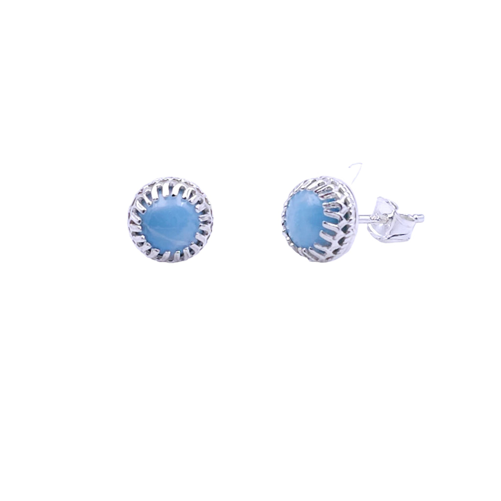 Light blue larimar post earrings with silver crown bezel settings