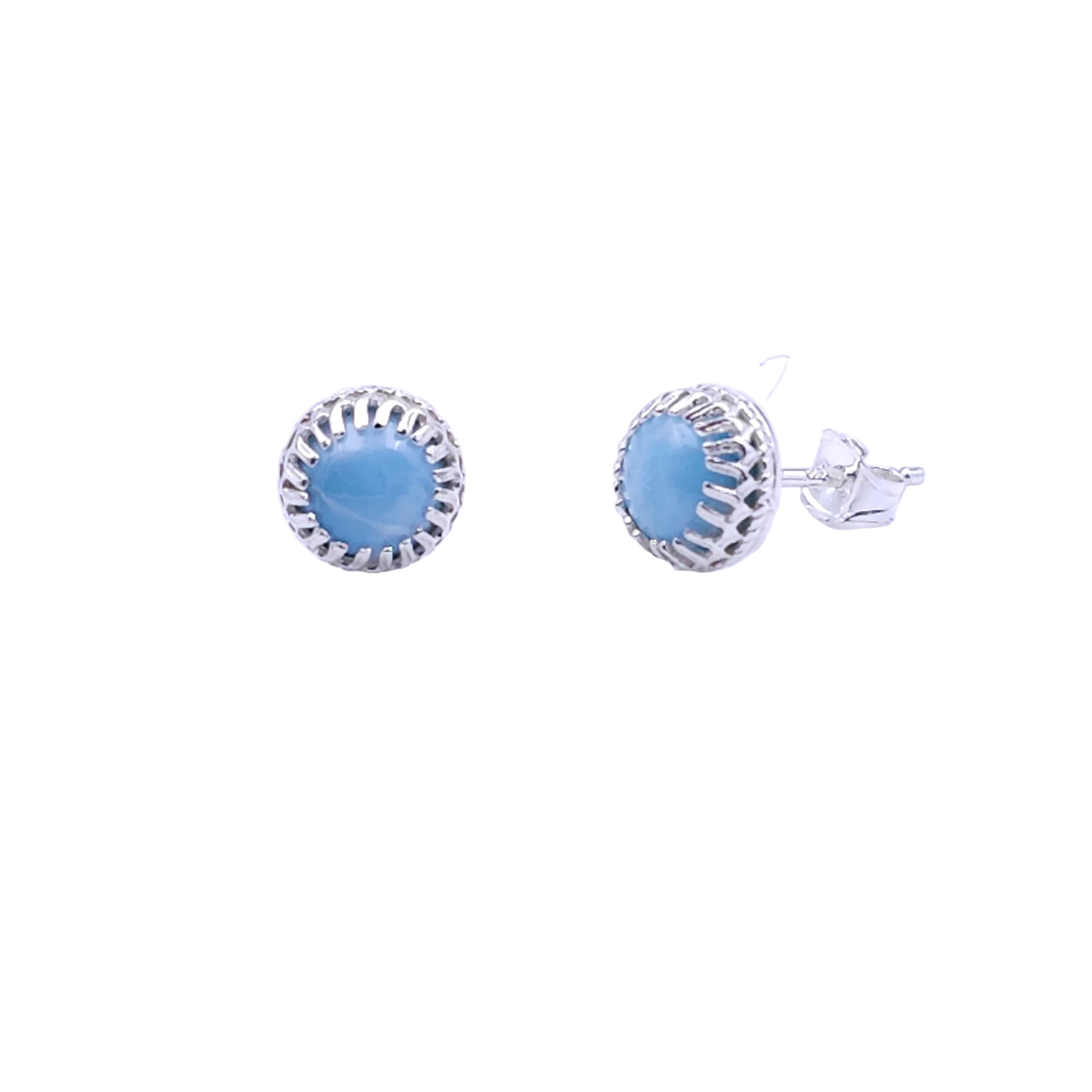 Light blue larimar post earrings with silver crown bezel settings