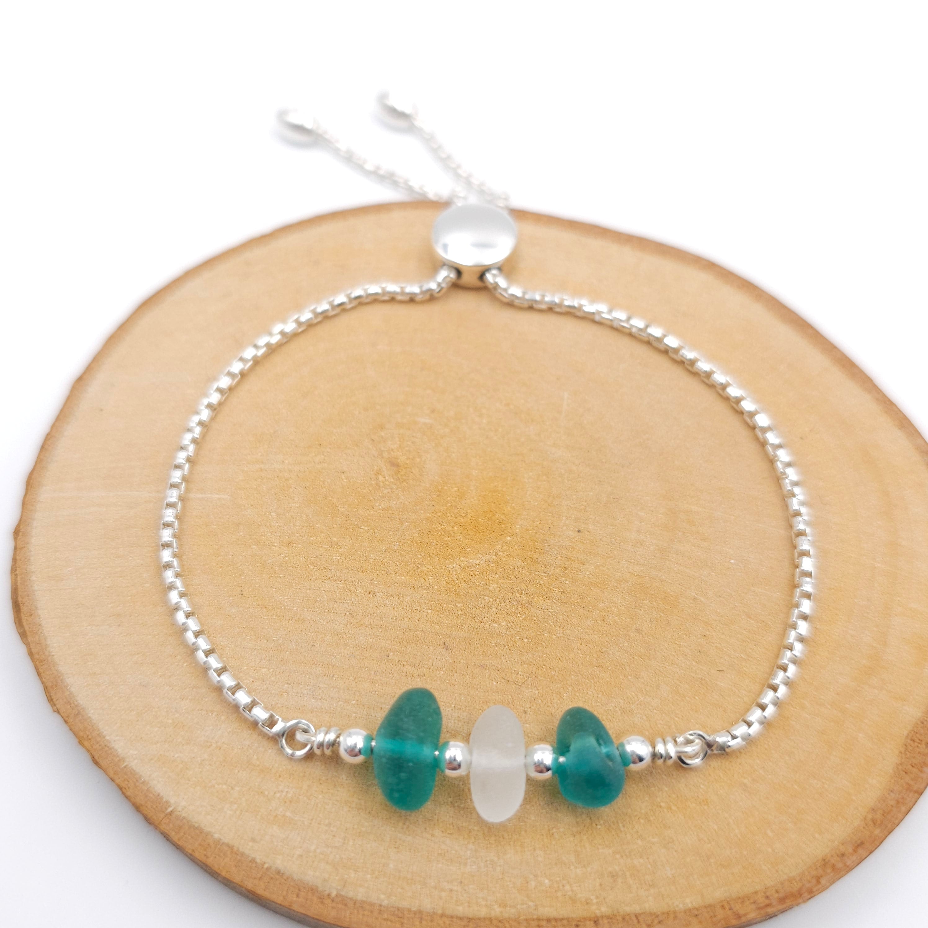White and teal sea glass adjustable slider bracelet