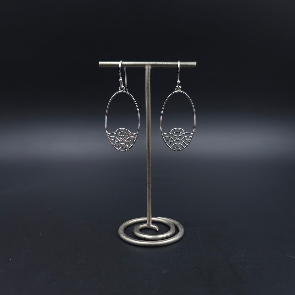Sterling silver oval dangle earrings with Japanese wave pattern
