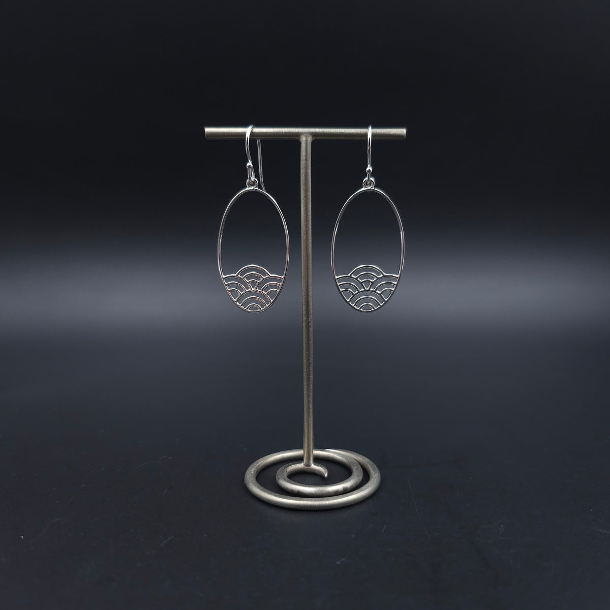 Sterling silver oval dangle earrings with Japanese wave pattern