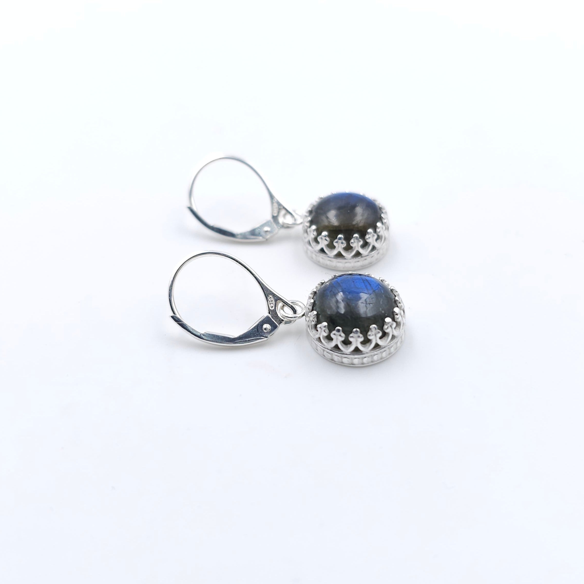 Round Labradorite crown bezel set sterling silver dangle earrings
